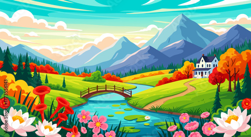A picturesque landscape with mountains, river and colorful flora in a serene setting