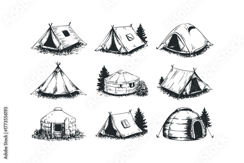 Collection of Hand Drawn Camping Shelter Dwellings