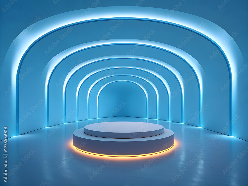 Obraz premium Illuminated futuristic archway tunnel with circular stage and glowing neon lights