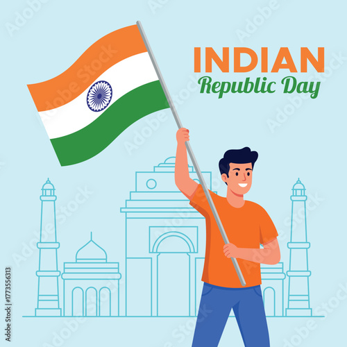 Man holding indian flag celebrating republic day with india gate background