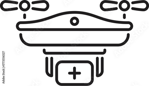 Line art vector icon of a drone carrying a first aid kit, representing medical delivery and emergency response