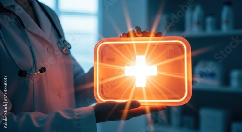 Hand holding glowing futuristic screen with bright light emanating from center