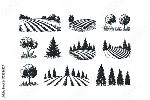 Agricultural field and tree silhouette set