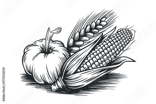 Harvest bounty with pumpkin, wheat, and corn