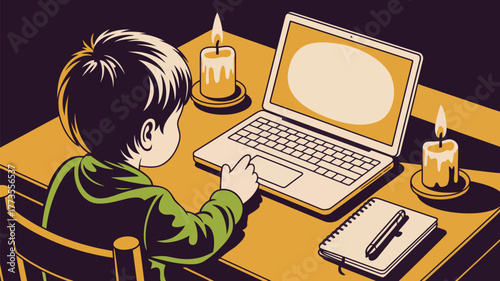 Illustration of a boy using a laptop at a desk with candles and notebook in a dark room setting