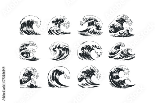 Collection of twelve stylized ocean wave graphics
