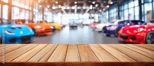 Wallpaper Mural Wood table top in car dealership showroom with new cars blurred background Torontodigital.ca