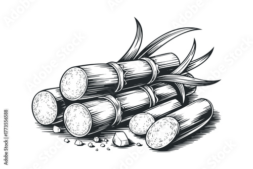 Group of sugarcane stalks with leaves