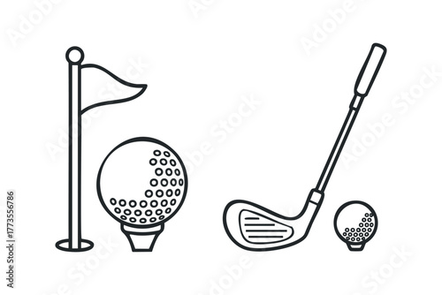 Golf ball on tee, flag and club graphic icons