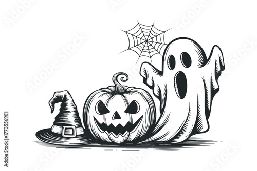 Spooky Ghost and Jack-o-lantern with Spiderweb