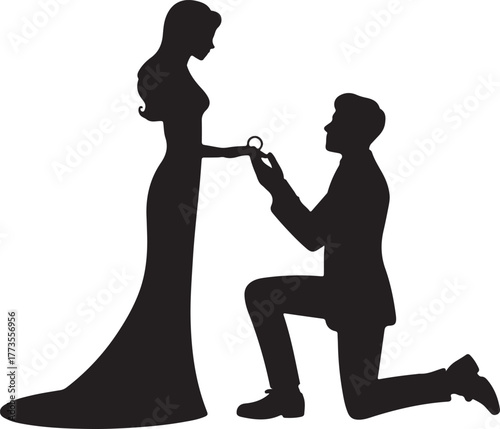 A black and white silhouette illustration of a romantic proposal scene.