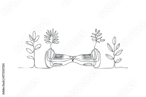 Single line drawing of a hoverboard with plants
