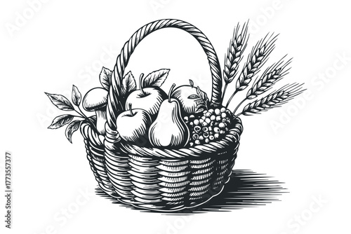 Woven basket overflowing with fresh fruit and wheat stalks