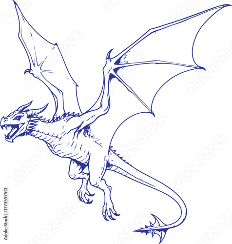 Fantasy dragon sketch with wings extended and mouth open vector