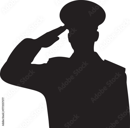 A black silhouette of a military officer in a formal salute position against a white background.