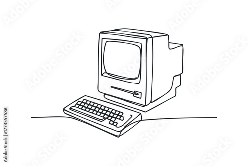 Vintage desktop computer with keyboard line drawing