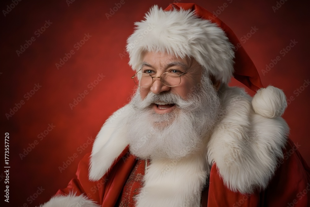 Naklejka premium High-quality studio portrait of smiling Santa Claus against a festive red backdrop, featuring vivid details, soft lighting, authentic holiday charm that captures the magic of Christmas – AI generated