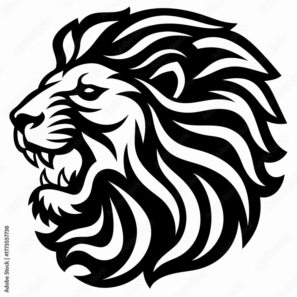 Obraz premium Roaring Lion Head Black and White Vector Illustration