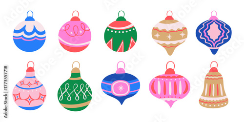 A colorful set of modern Christmas decorative balls and bells for holiday design templates, greeting cards, invitations, and banners.