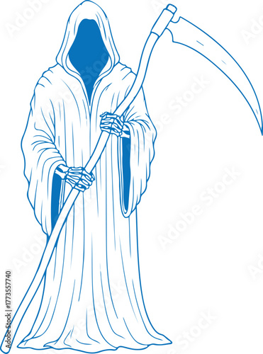 Grim reaper holding scythe white robes blue accents iconic figure vector