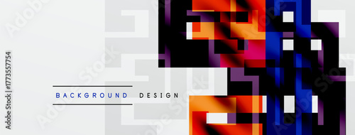 Abstract geometric background. Vivid colors blend with gray squares. Modern design suitable for banners, presentations.