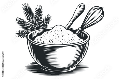 Bowl of Flour with Whisk and Sprig of Pine Needles