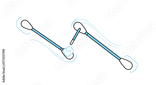 Illustration of two cotton swabs, one with a fluffy tip and the other with a thin tip, moving and swishing in a dynamic, artistic way.