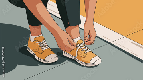 A person tying shoelaces on yellow sneakers with white laces on a gray surface with a yellow wall