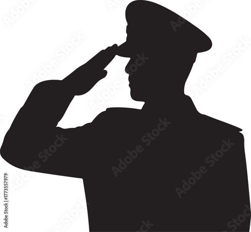 A black silhouette of a military officer in a formal salute position against a white background.