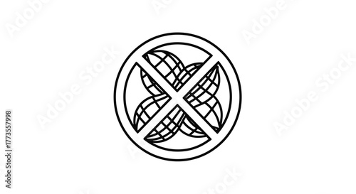 A stylized black and white circular symbol with a diagonal cross superimposed on an interwoven four-leaf clover design.