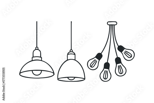 Hanging pendant lamp and exposed bulb cluster vector graphics