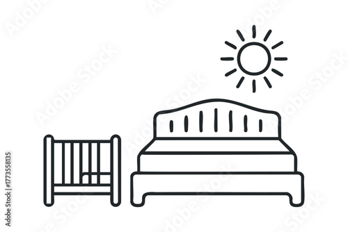 Simple Line Art of Baby Crib and Adult Bed Under Sun