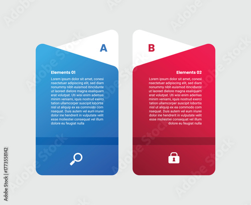 2 points comparison versus infographic with vertical round rectangle box gradient style with with 2 elements stages
