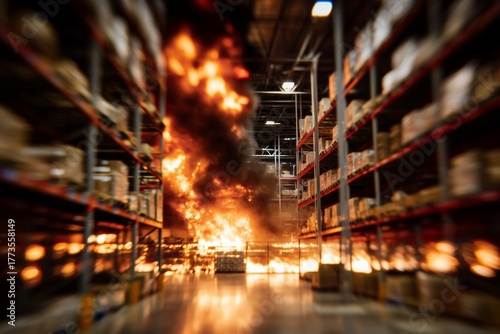 Massive fire rages in a warehouse, with flames engulfing shelves, boxes. The dramatic scene highlights the destructive power and urgency of industrial fires.