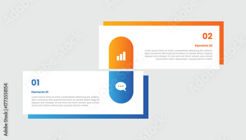 2 points comparison versus infographic with rectangle box with round badge connected gradient style with with 2 elements stages