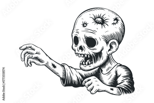 Scary zombie with holes in head pointing forward