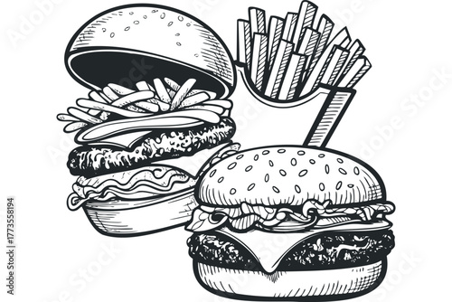 Hand Drawn Sketch of Classic Burger and Fries Meal