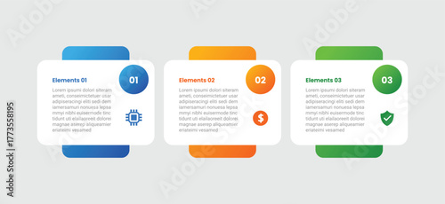 3 points infographic with gradient style with round square box with circle badge side with 3 elements stages