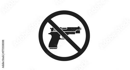 Black and white prohibition sign with a silhouette of a pistol crossed out with a diagonal line.