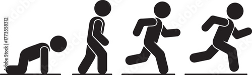 A minimalist black and white line art illustration showing human evolution from crawling to running, with four stick figure poses symbolizing motion, growth, and progress.