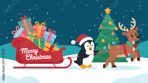 Cute cartoon penguin in santa hat pulling a sleigh full of presents with a reindeer and christmas tree in snowy night