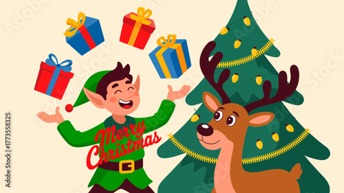 Joyful christmas elf enthusiastically juggles brightly wrapped gift boxes next to a decorated evergreen tree and a friendly reindeer
