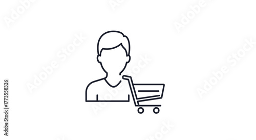 Line art icon of a person with a shopping cart next to them, symbolizing shopping and commerce;.