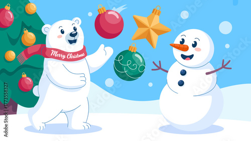 Cute polar bear wearing a merry christmas scarf playing with a happy snowman and festive ornaments on a snowy winter day