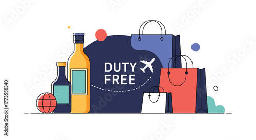 Illustration of duty-free shopping with shopping bags, bottles, and an airplane symbol.