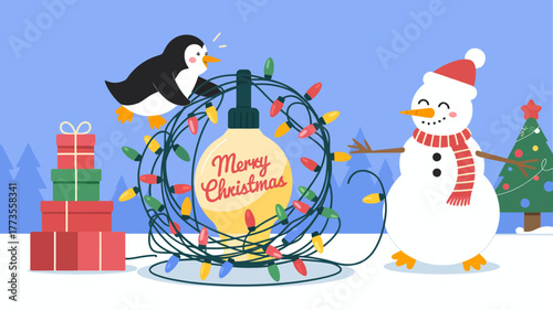 Festive christmas scene with a tangled string of colorful lights featuring a cheerful snowman and a playful penguin