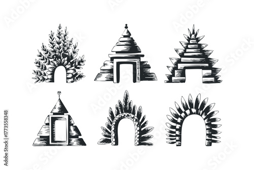 Six Ink Drawn Arches With Indigenous Inspired Motifs