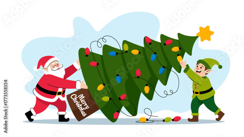 Santa claus and an elf decorating a christmas tree together with ornaments and a star topper for the holidays