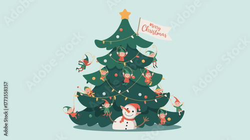 Whimsical christmas tree decorated with adorable elves and festive ornaments against a soft blue background