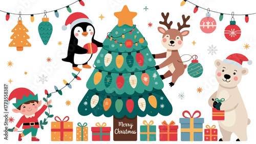 Whimsical christmas scene with cute cartoon animals and a child decorating a festive tree with presents and lights